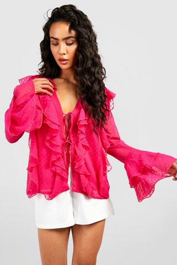 Dobby Ruffle Tie Blouse hot pink