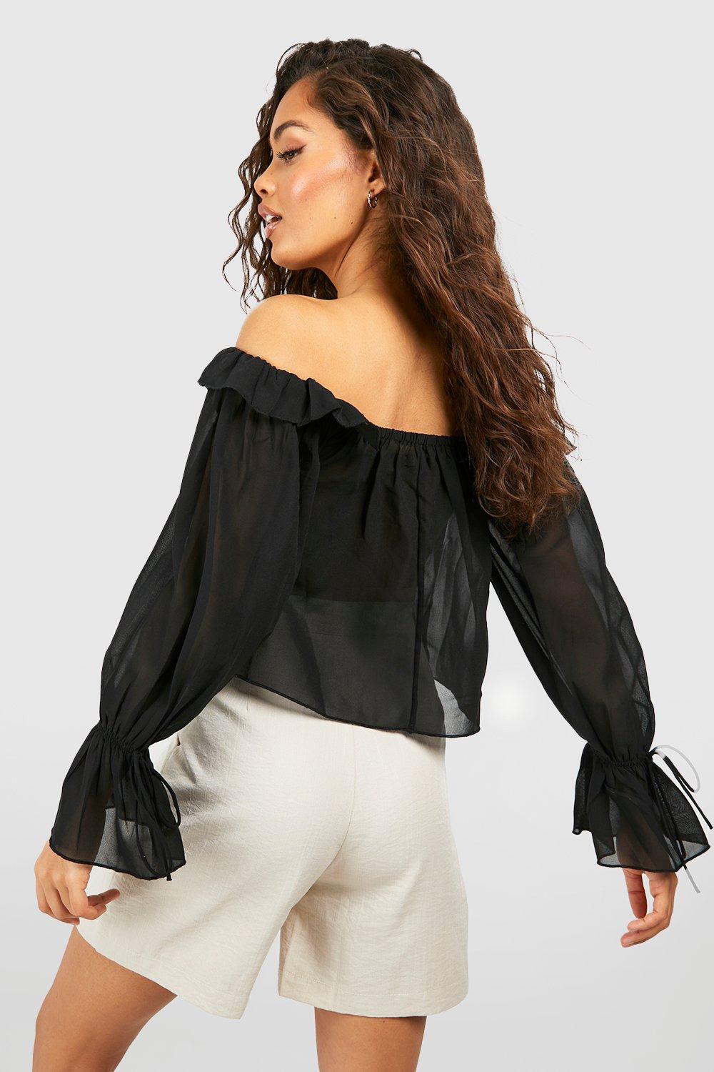 Black chiffon off the shoulder top online