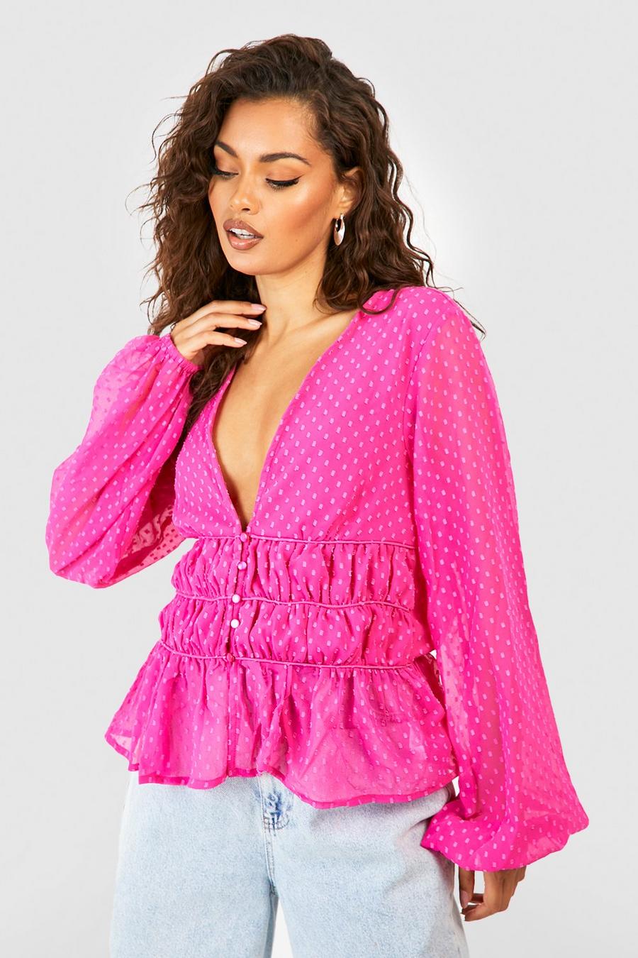Blusa in rete plumetis con ruches, Hot pink image number 1