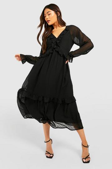 Black Dobby Ruffle Midi Smock Dress