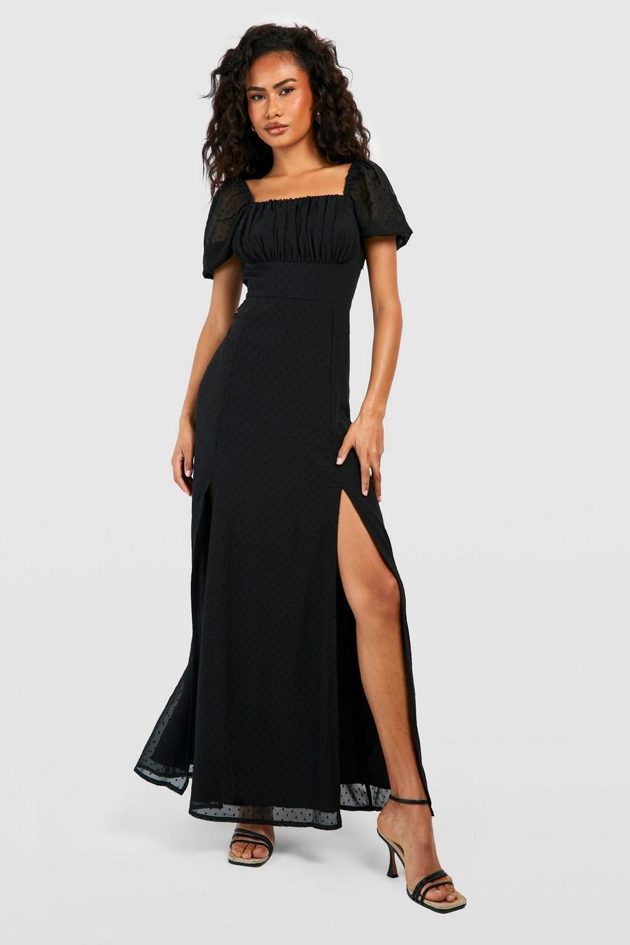Black Dobby Rouched Bust Maxi Dress image number 1