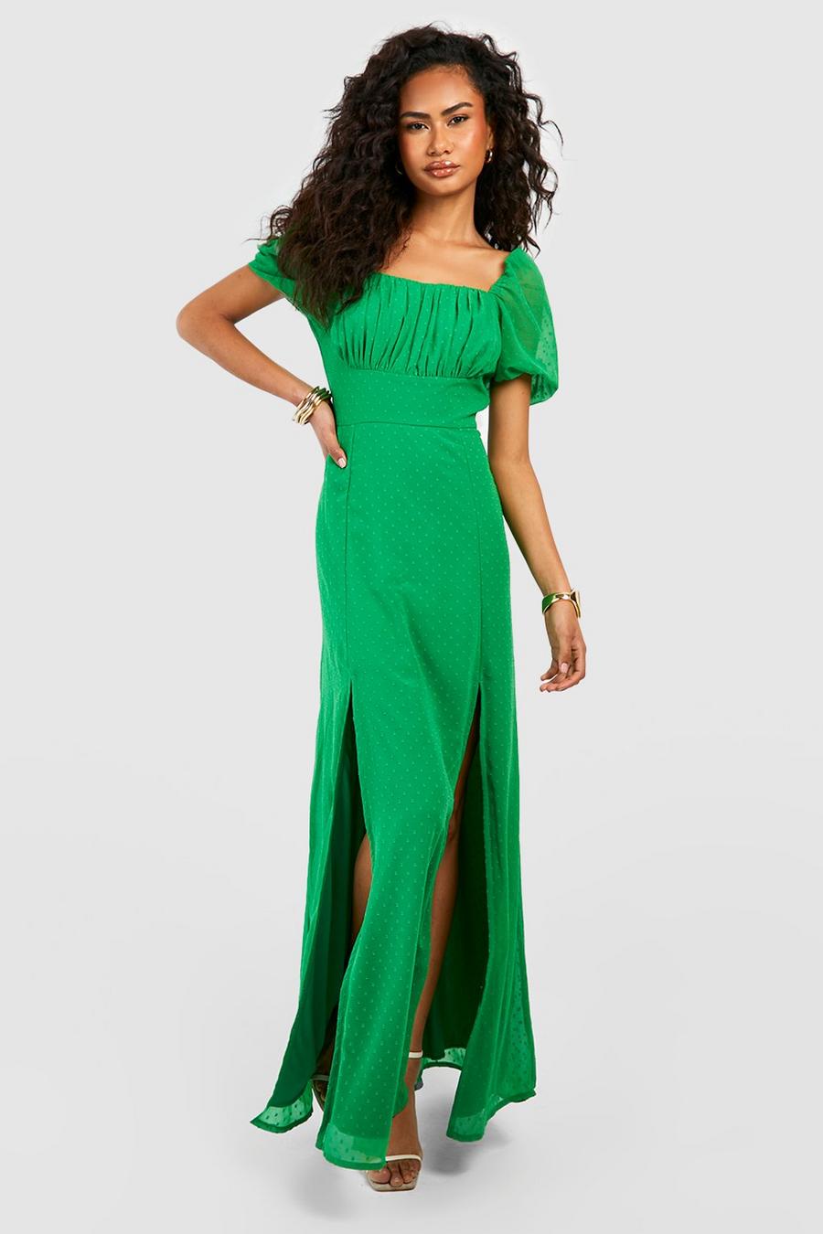 Green Dobby Rouched Bust Maxi Dress