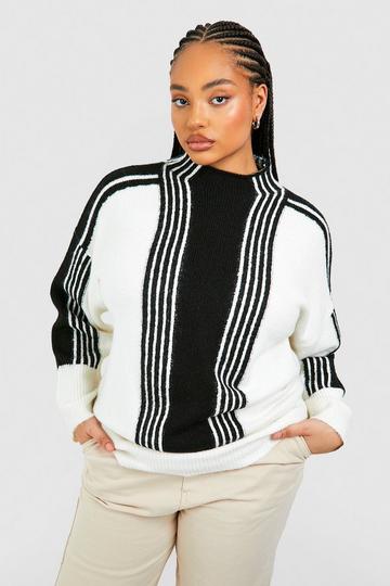 Plus Mixed Wide Stripe Oversized High Neck Jumper black