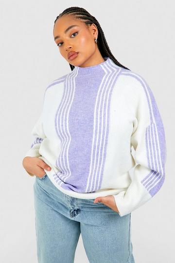 Lilac Purple Plus Mixed Wide Stripe Oversized High Neck Sweater