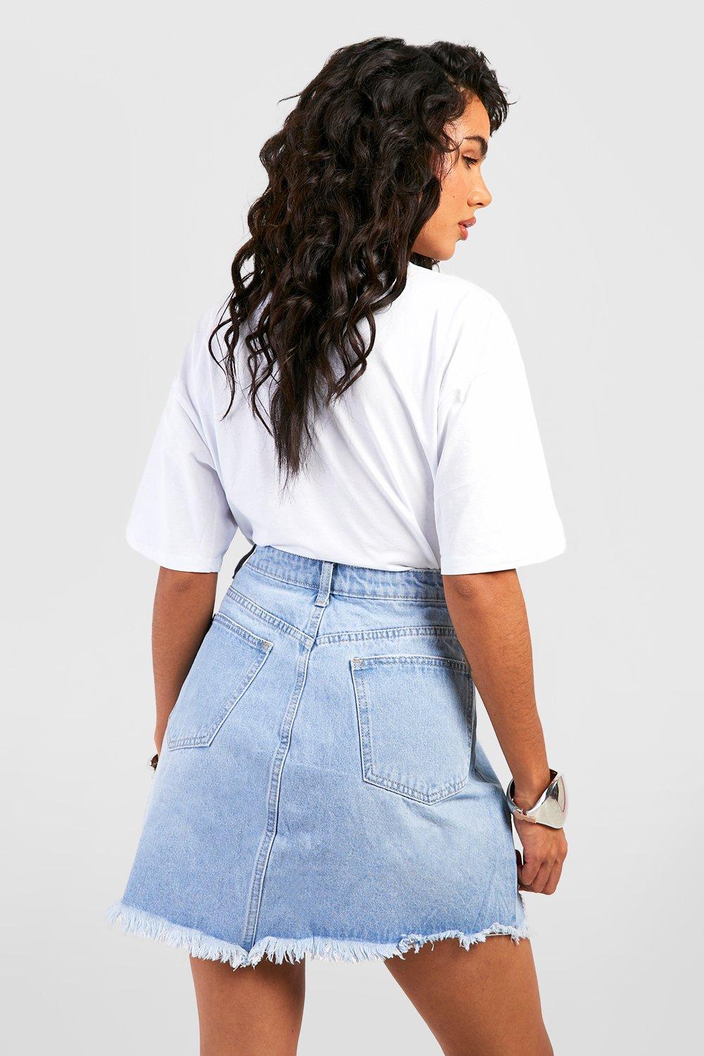 Light wash hotsell ripped denim skirt