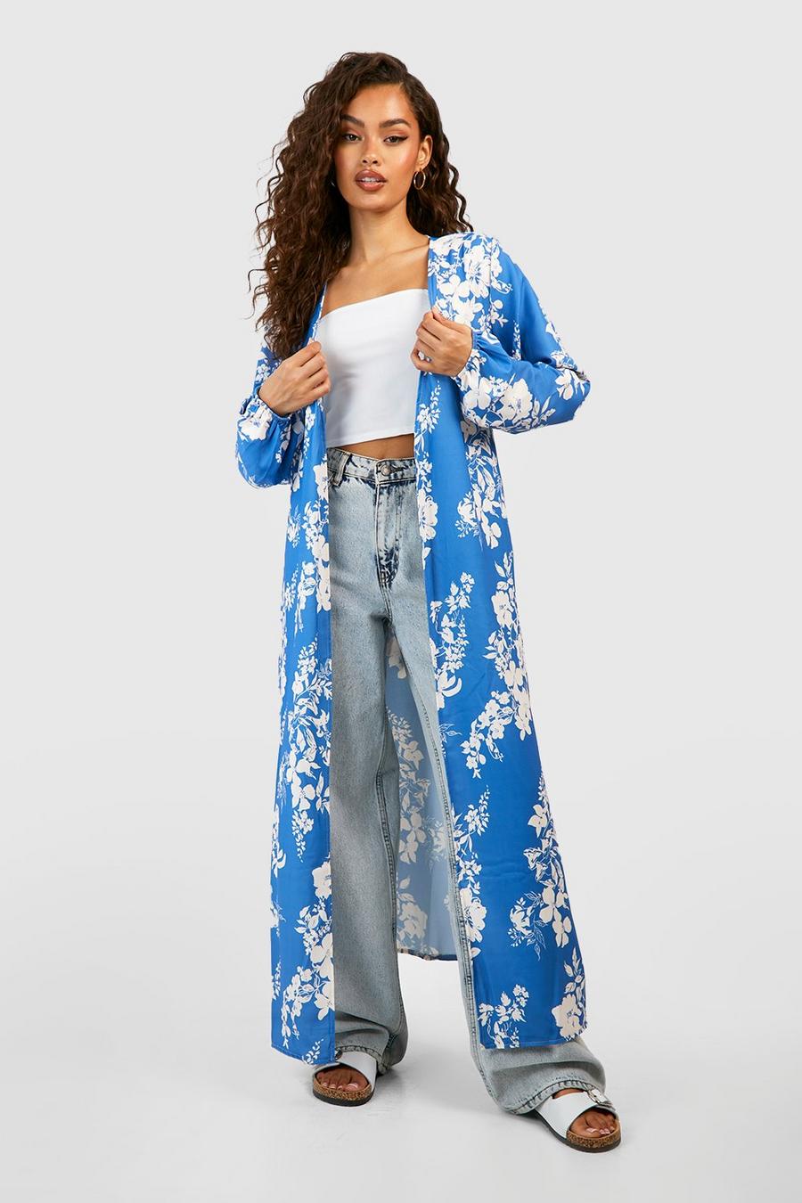 Blue Floral Print Woven Belted Kimono image number 1