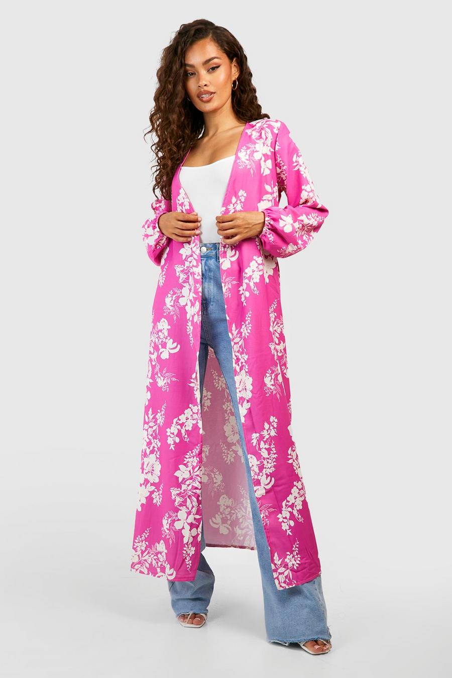 Pink Floral Print Woven Belted Kimono