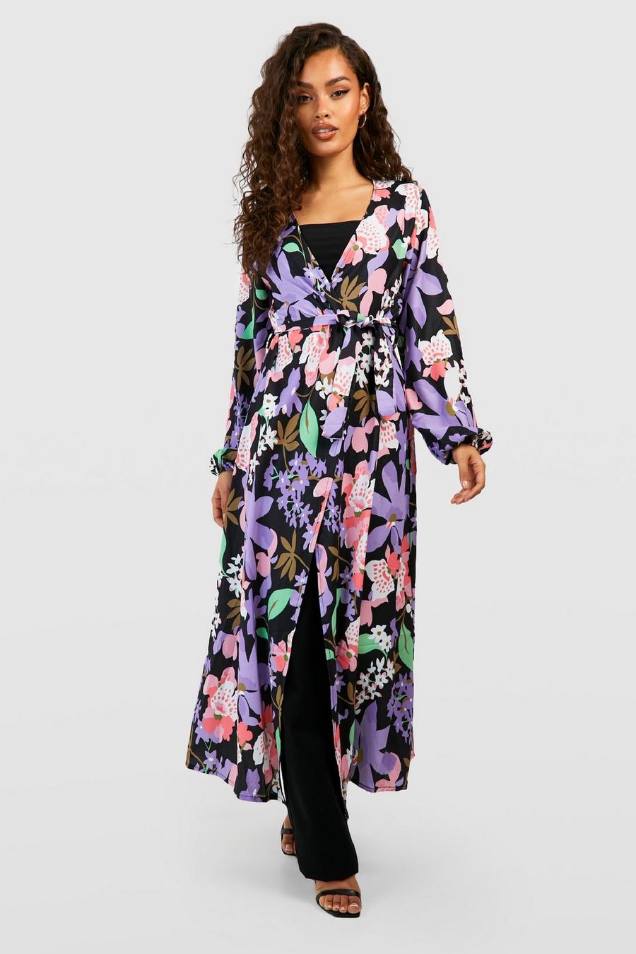 Black Floral Print Woven Belted Kimono image number 1
