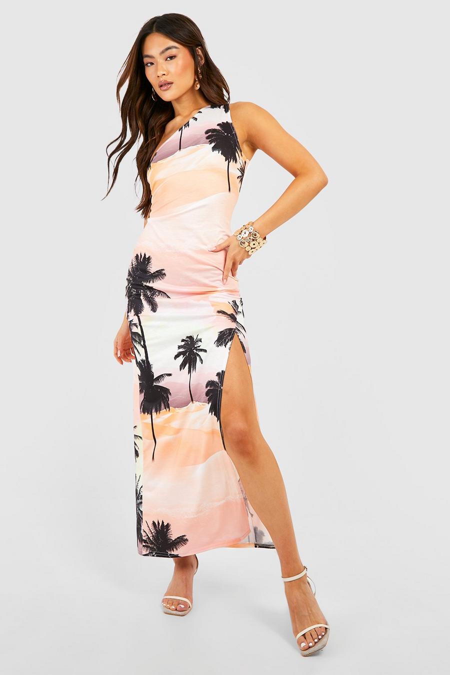 Pink Basic Palm Print One Shoulder Maxi Dress