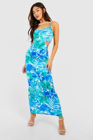 Blue Floral Cut Out Strappy Maxi Dress
