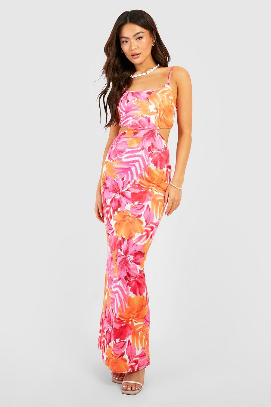 Pink Floral Cut Out Strappy Maxi Dress