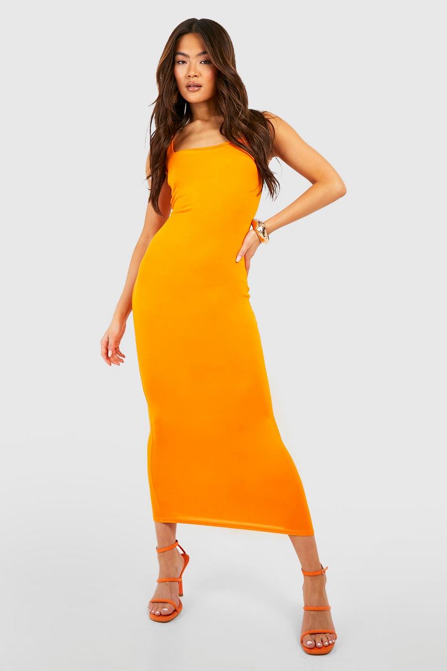 Orange Basic Square Neck Midi Dress