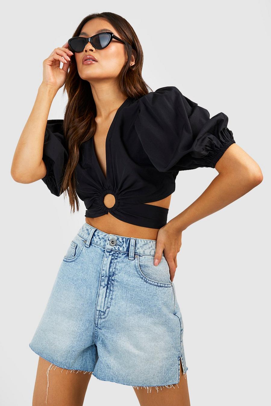 Black Tie Back Cut Out Puff Sleeve Poplin Top image number 1
