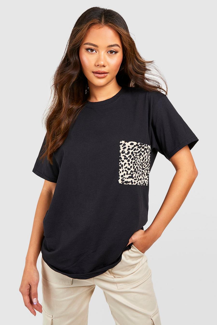 Black Leopard Print Pocket Oversized T-shirt image number 1