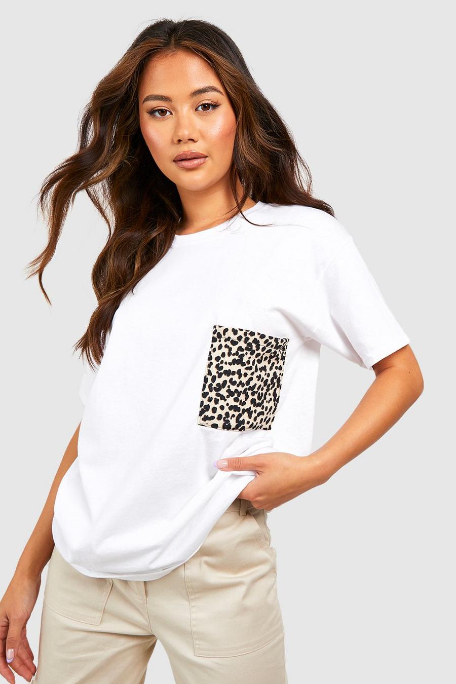 White Leopard Print Pocket Oversized T-shirt image number 1