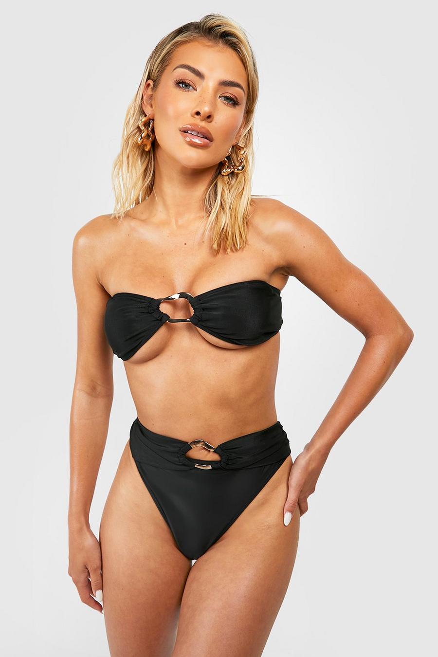 Black Bikinitrosa med hög midja och guldfärgade detaljer image number 1