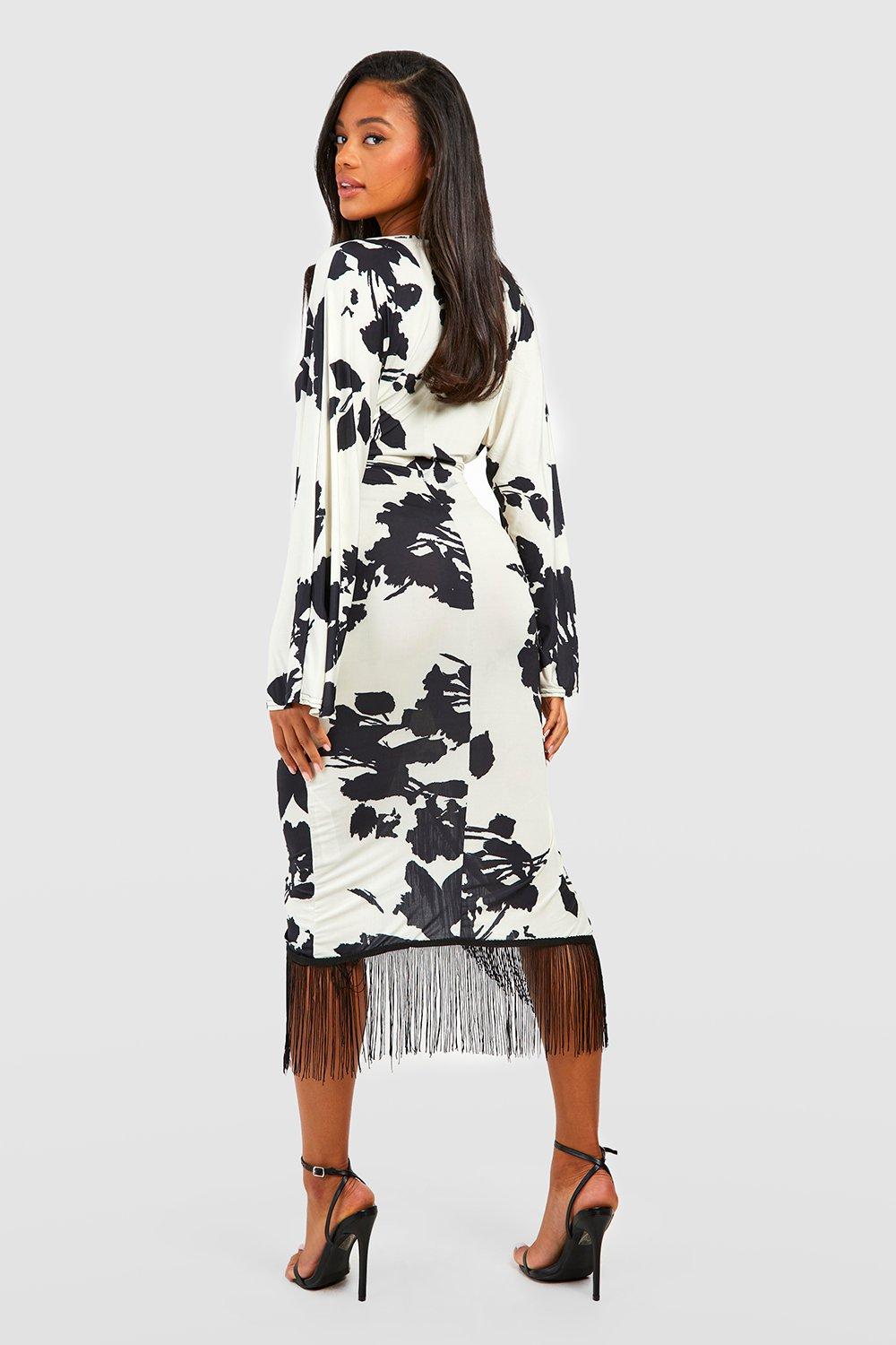 Black floral tassel 2024 hem midi dress