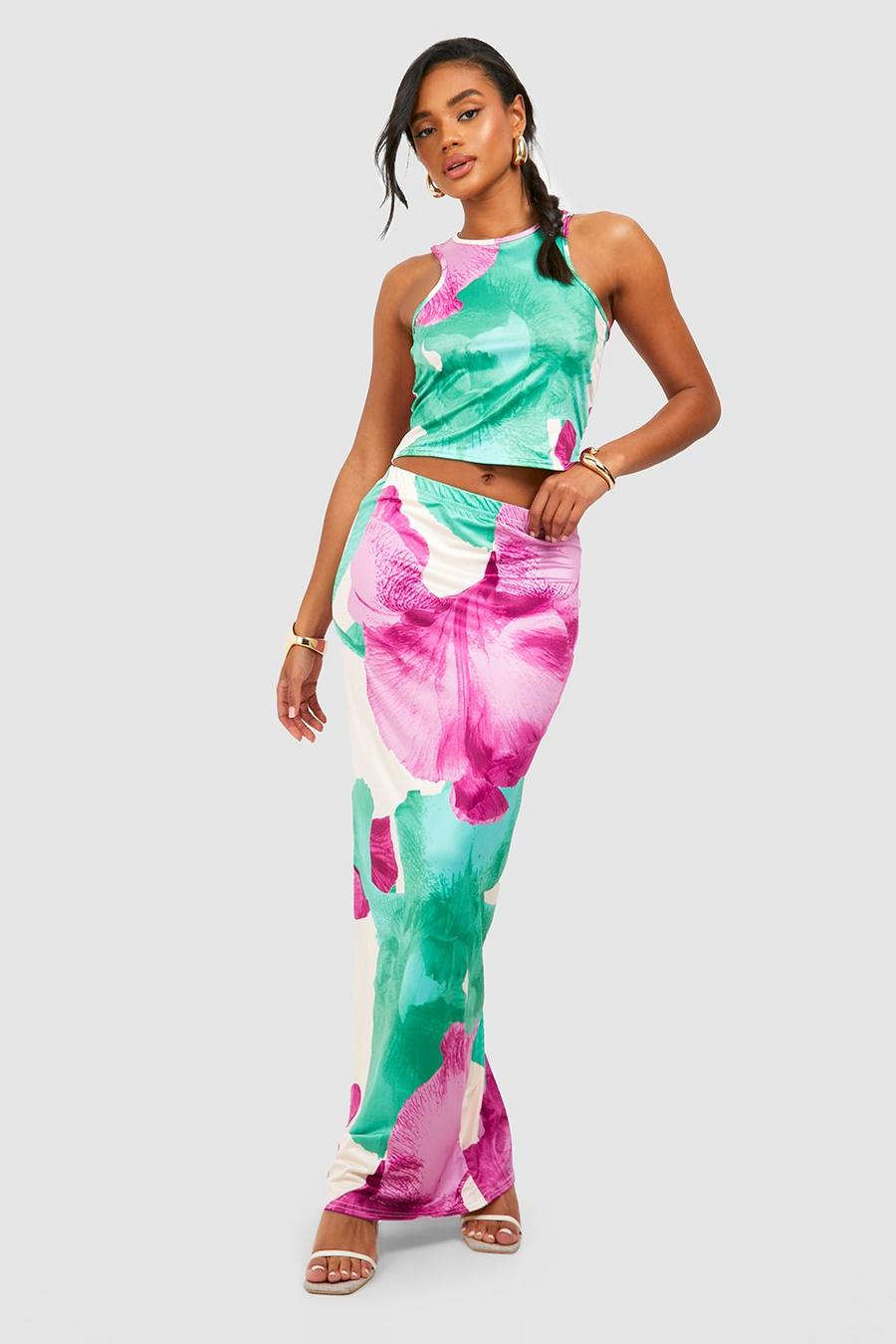 Falda maxi y top estilo nadador con cuello alto y estampado de flores, Bright lilac image number 1