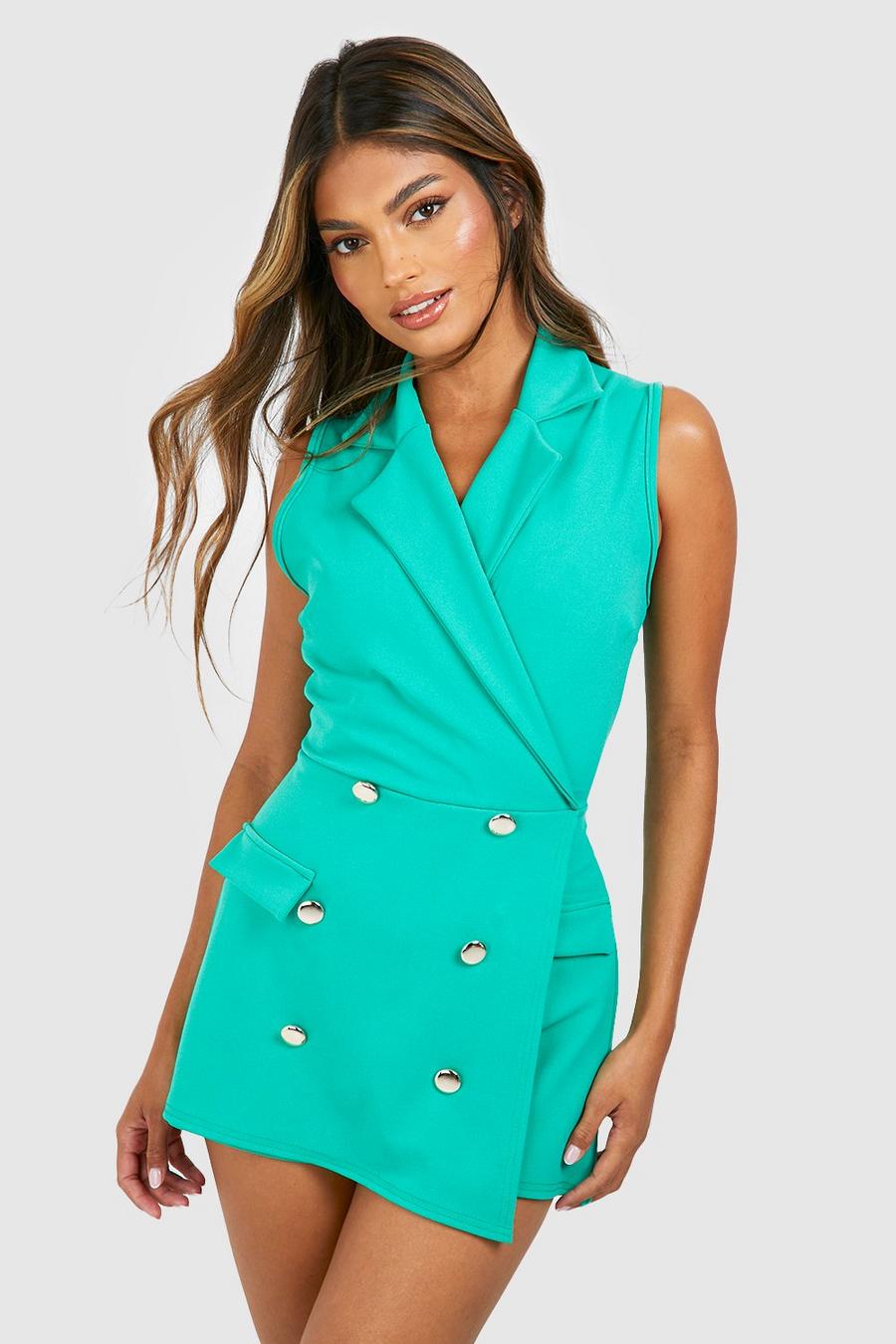 Bright green Tailored Military Style Sleeveless Blazer Playsuit image number 1
