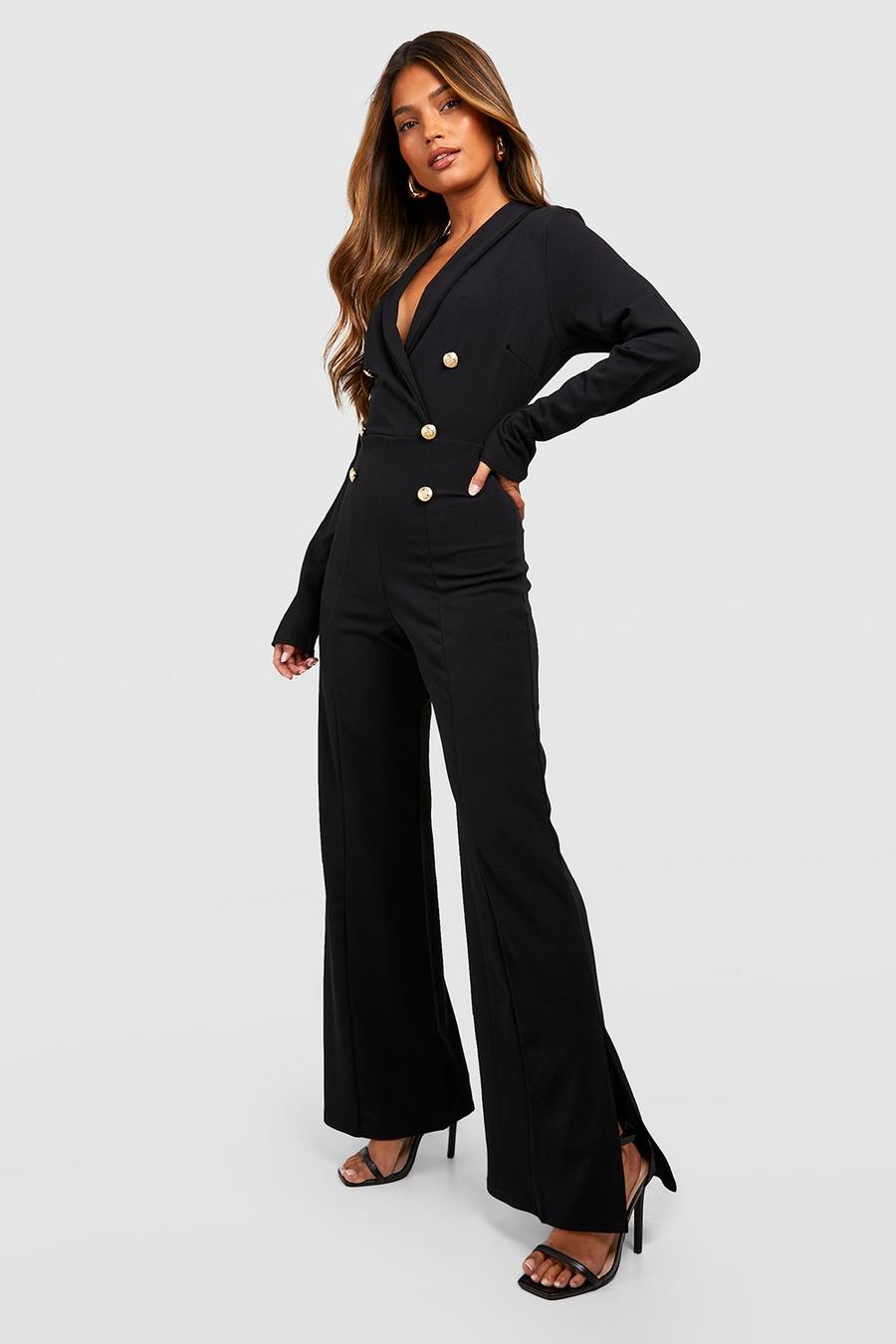 Black Tailored Military Button Wide Leg Jumpsuit image number 1