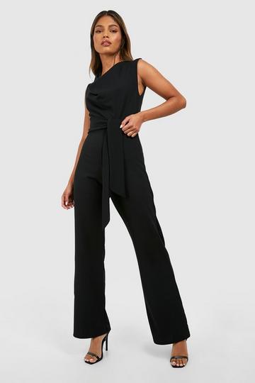 Black Tailored Draped Tie Waist Straight Leg Jumpsuit