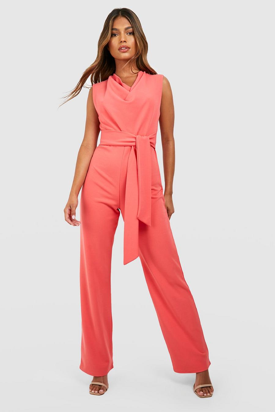 Coral pink Tailored Draped Tie Waist Straight Leg Jumpsuit image number 1