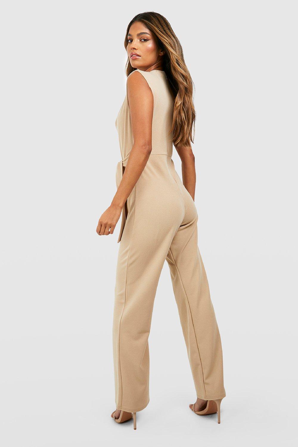 boohoo Tailored Draped Tie Waist Straight Leg Jumpsuit - Beige - Size 10