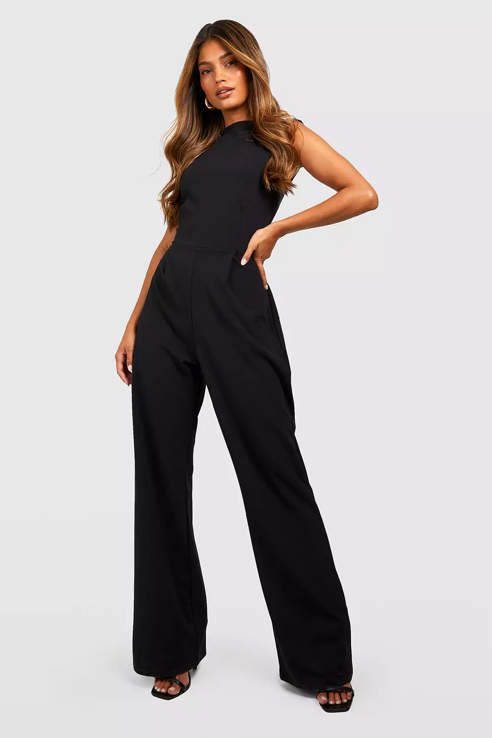 Tailored High Neck Cinched Waist Wide Leg Jumpsuit