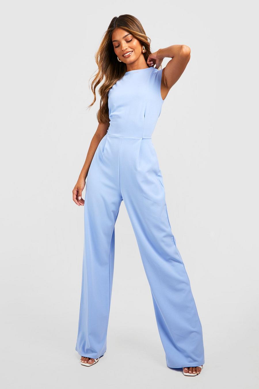 Powder blue Tailored High Neck Cinched Waist Wide Leg Jumpsuit image number 1