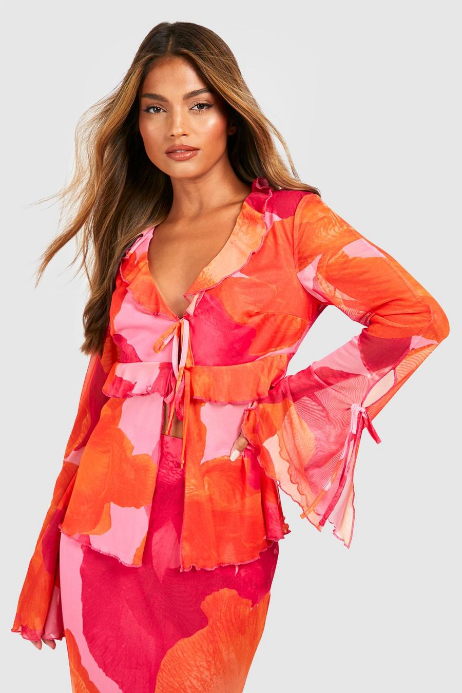 Coral pink Abstract Floral Mesh Ruffle Flared Sleeve Blouse