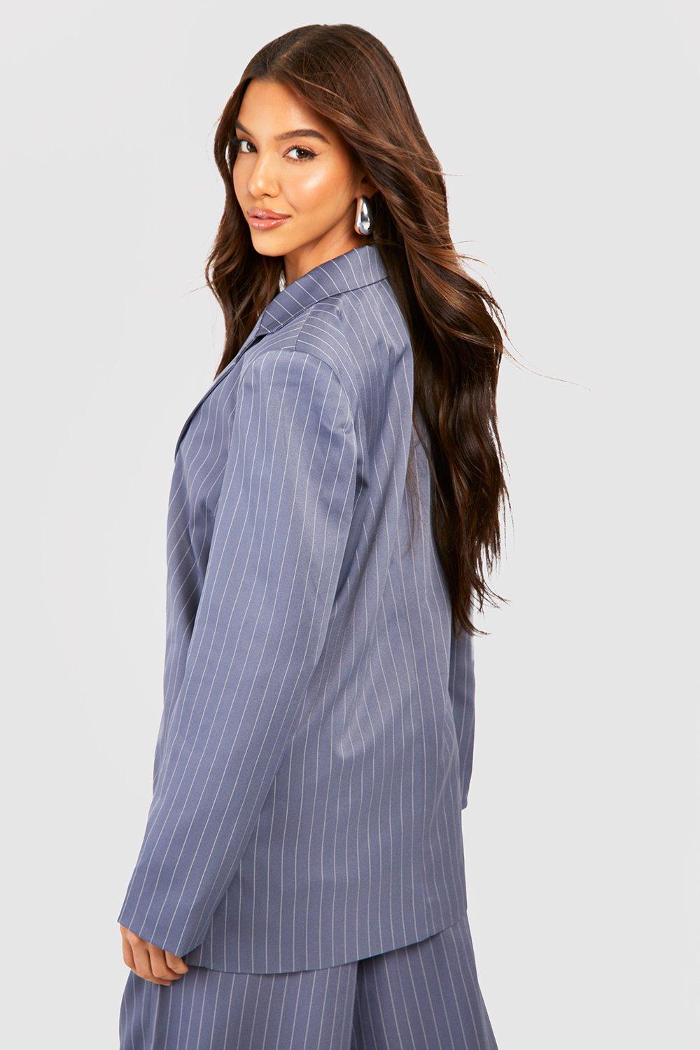 boohoo Pinstripe Oversized Longline Blazer - Blue - Size 10