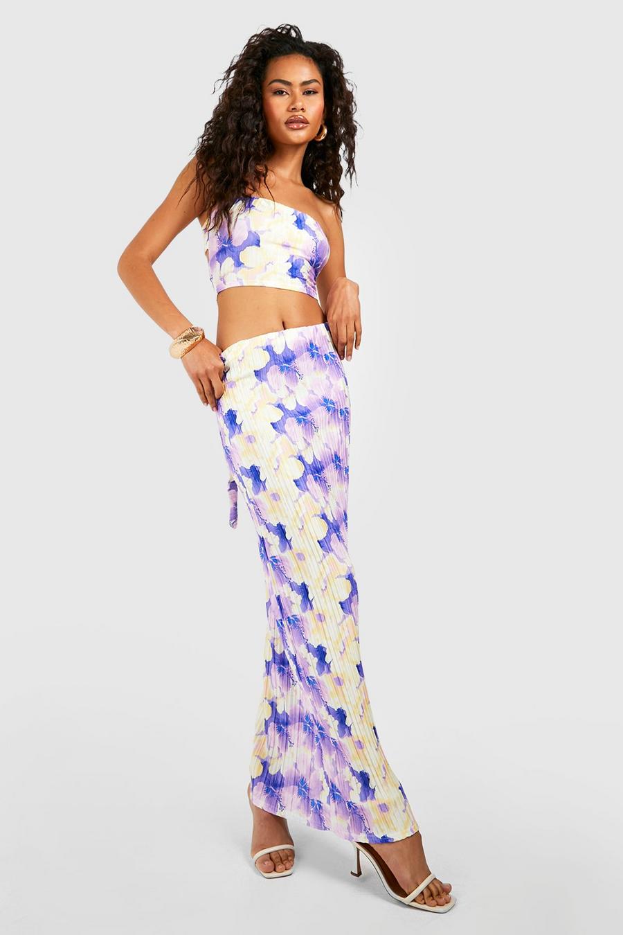 Orchid lilac Floral Tie Detail Bandeau & Maxi Skirt image number 1