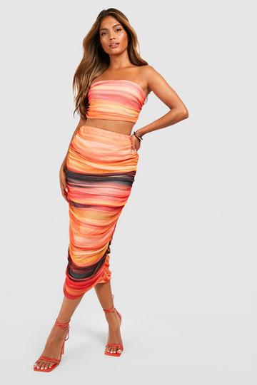 Mesh Abstract Print Ruched Bandeau & Midi Skirt orange