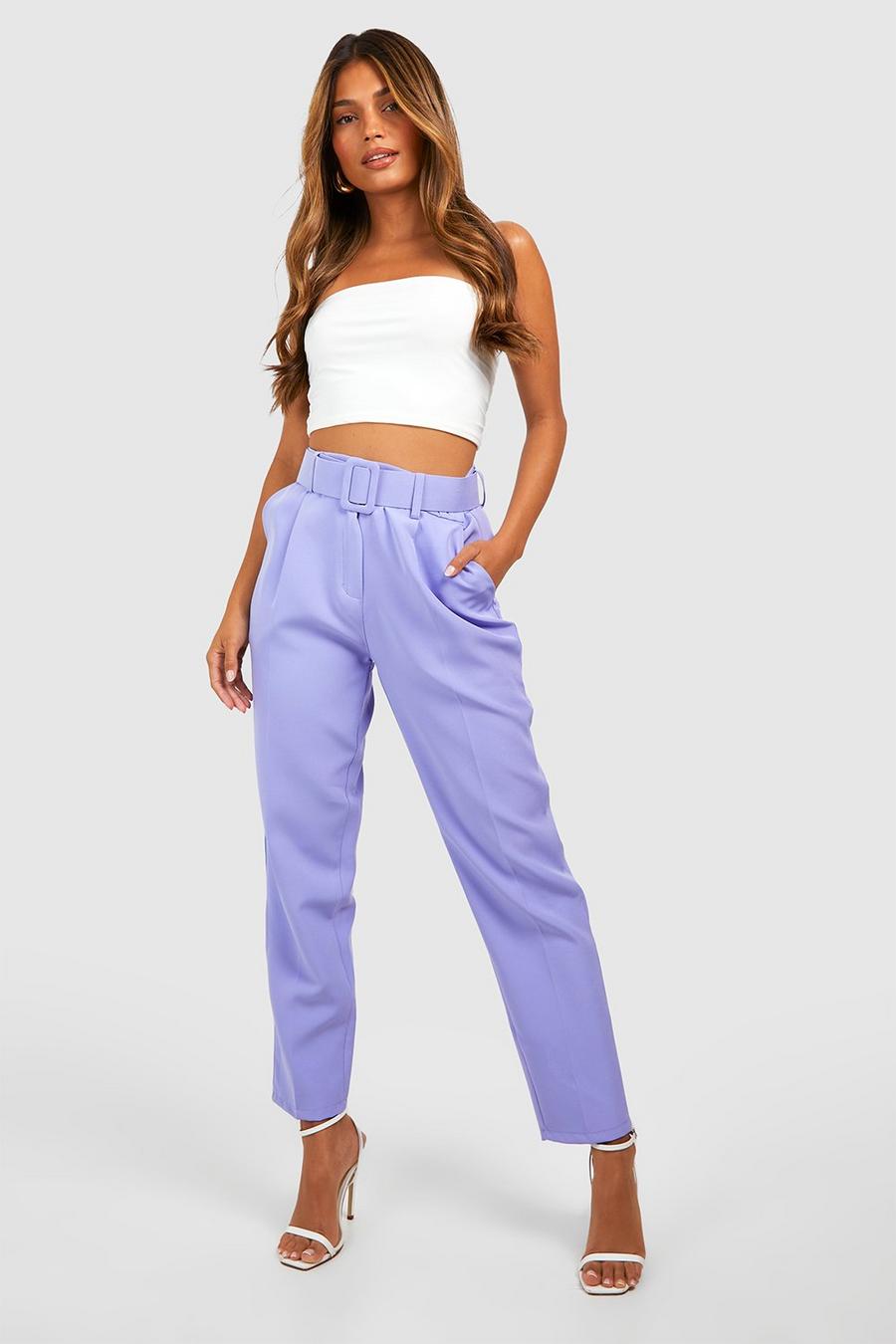 Lilac Self Fabric Belted Slim Fit Pants image number 1