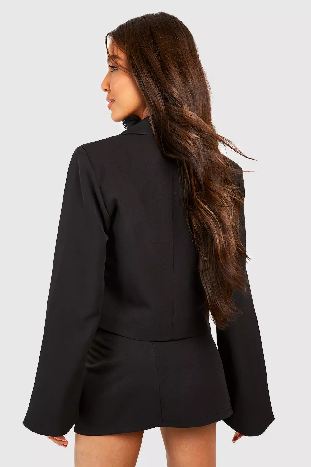 Black Flared Sleeve Longer Length Crop Blazer alternative image