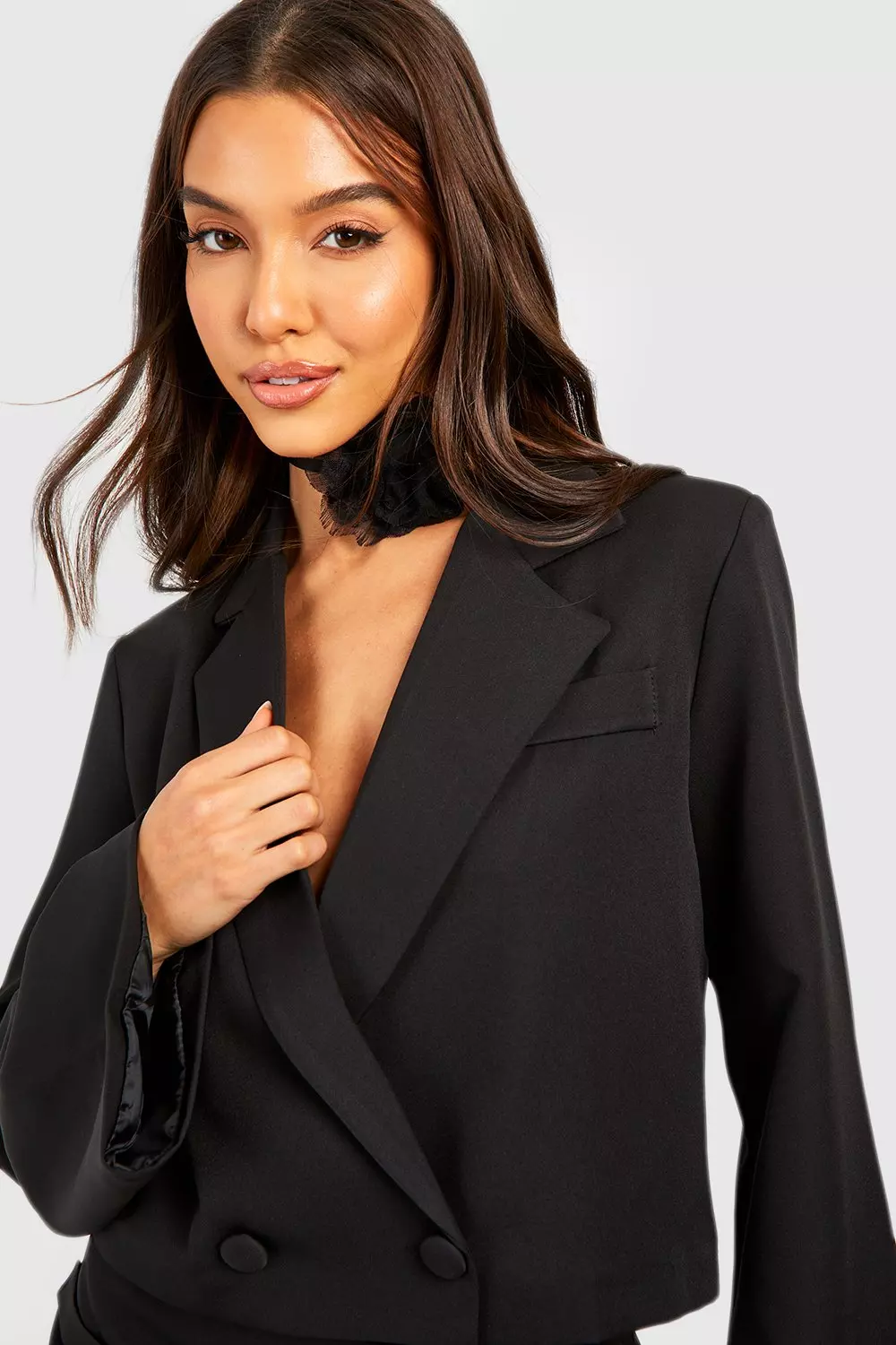 Black Flared Sleeve Longer Length Crop Blazer alternative image