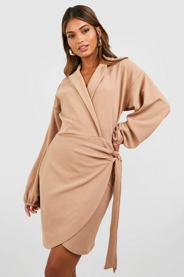 Crepe Puff Sleeve Wrap Front Shirt Dress camel