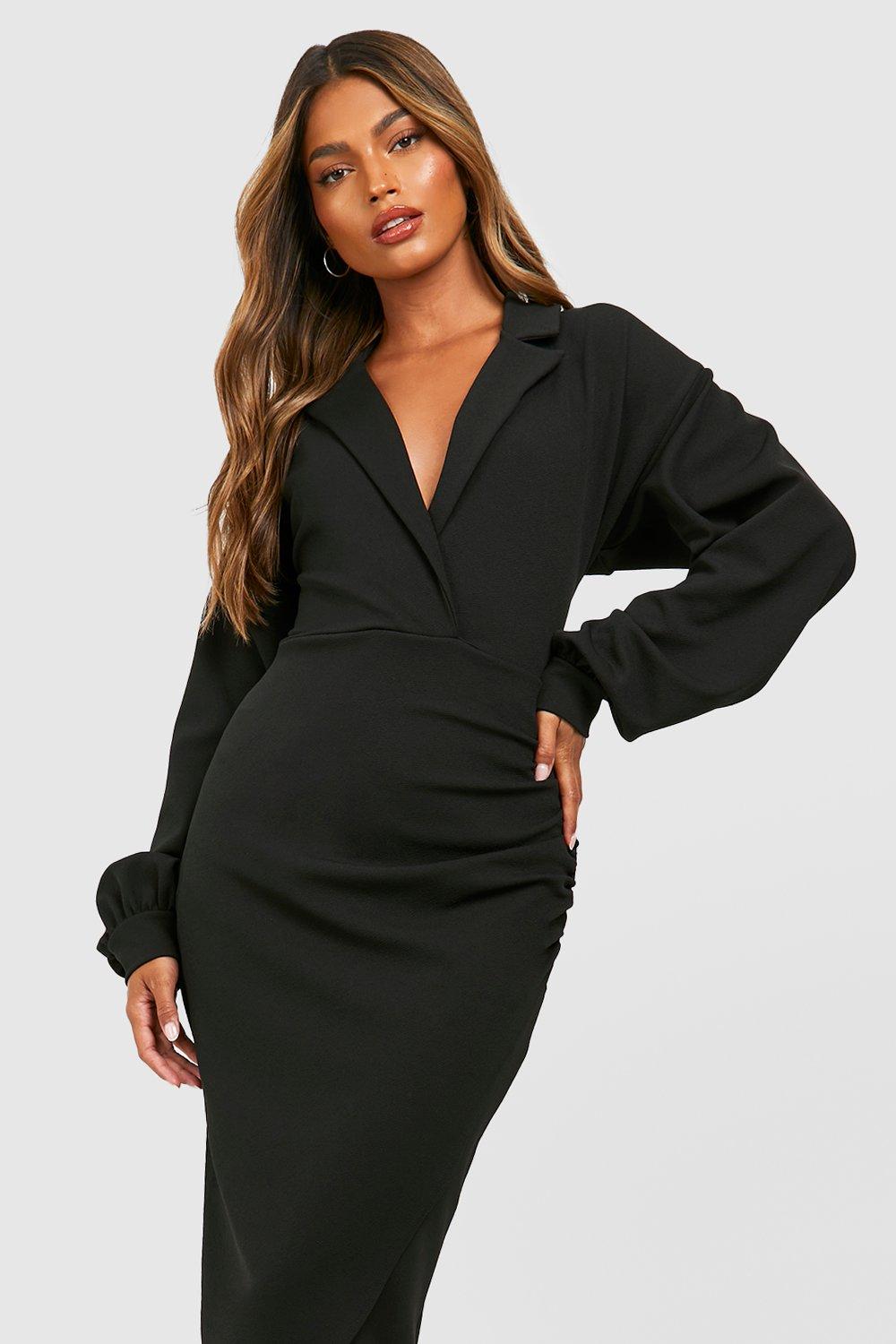 Crepe Volume Sleeve Wrap Front Midaxi Shirt Dress boohoo