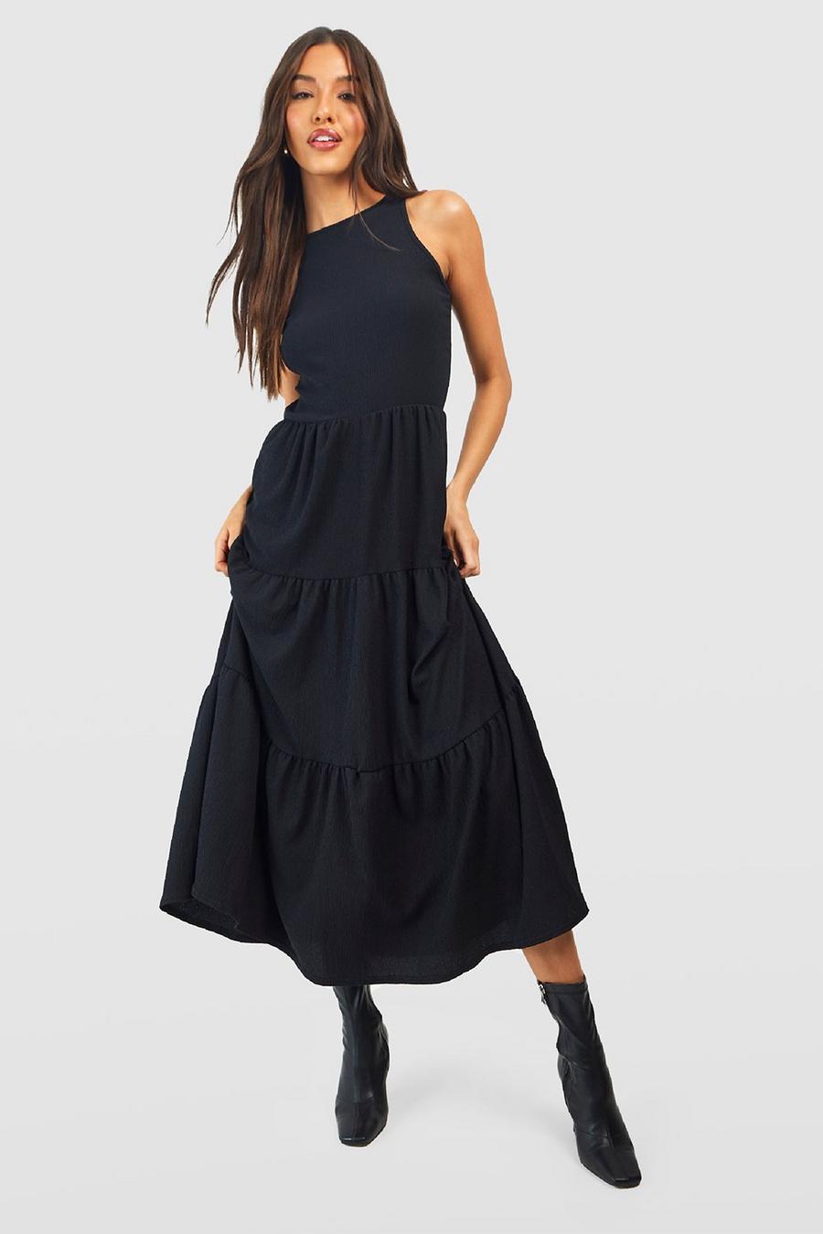 Vestido holgado texturizado escalonado con abertura, Black