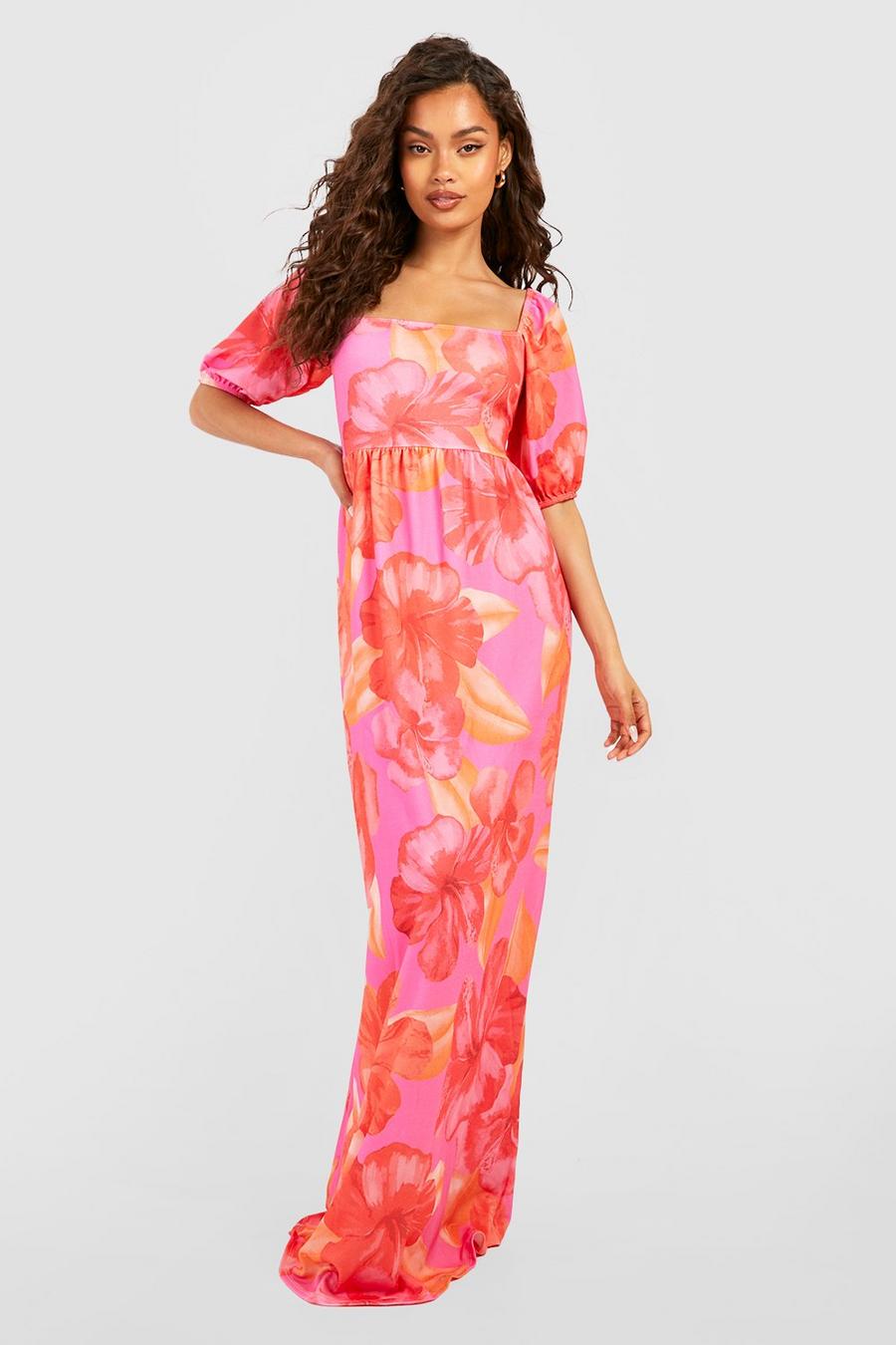 Pink Floral Puff Sleeve Maxi Dress image number 1