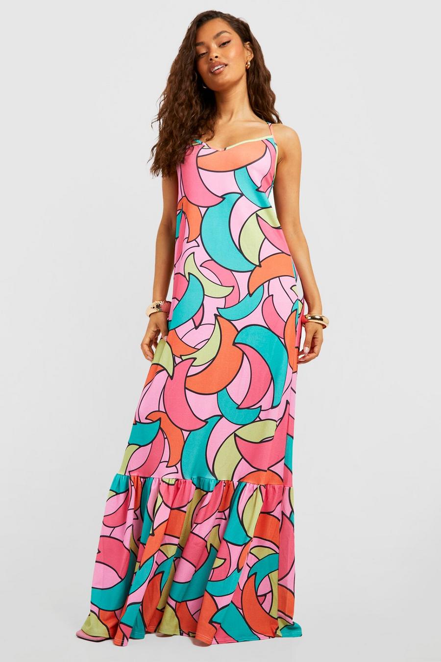 Abstract Strappy Ruffle Hem Maxi Dress image number 1