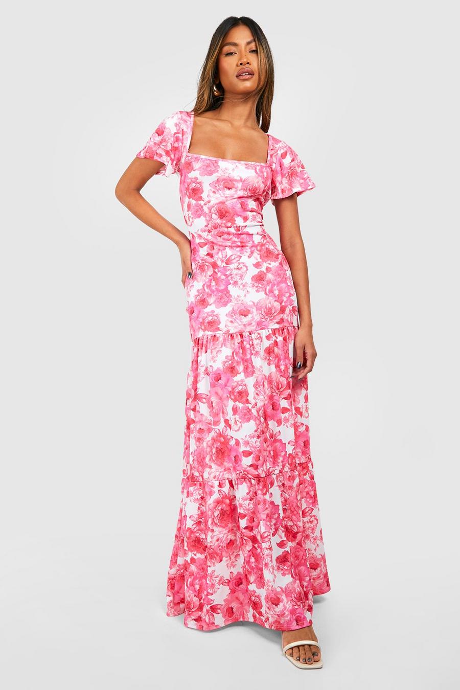 Pink Ditsy Floral Ruffle Maxi Dress
