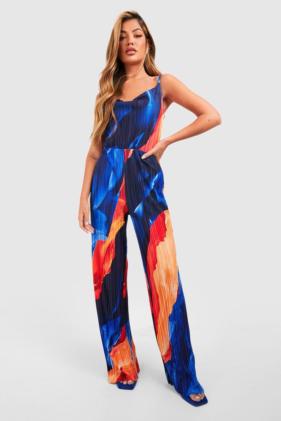 Abstract Plisse Cowl Neck Jumpsuit | boohoo NZ