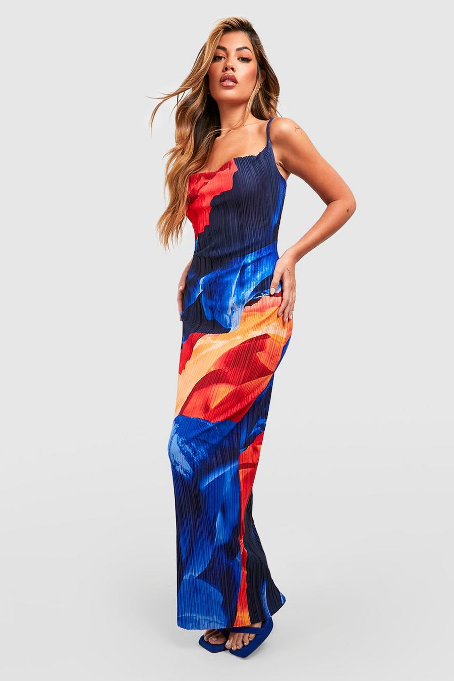 Blue Cowl Neck Abstract Plisse Maxi Dress