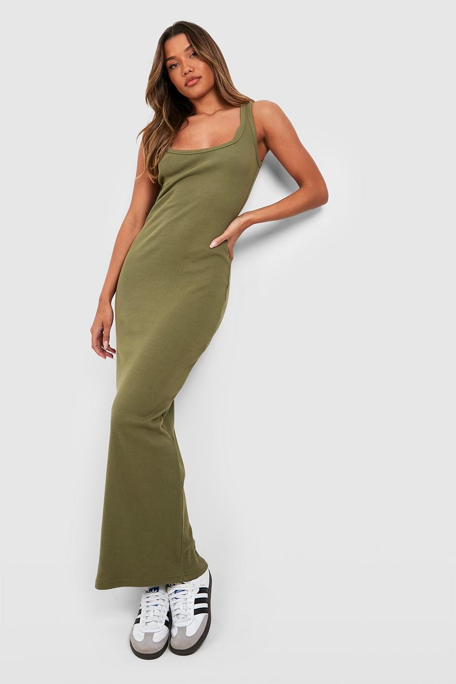 Khaki Premium Geribbelde Maxi Jurk Met Lage Ronde Hals En Naaddetail