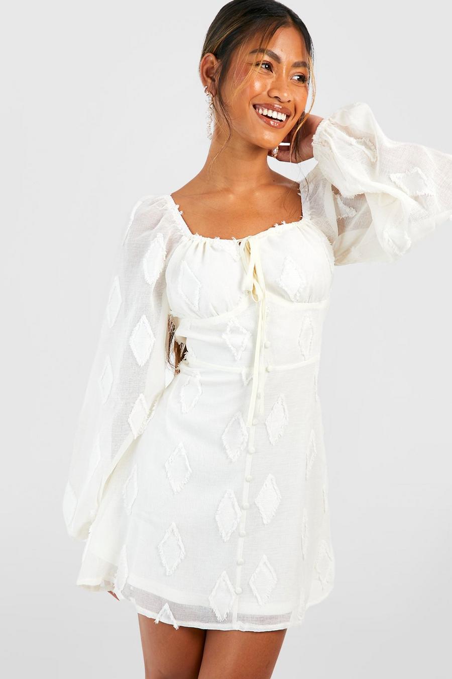Cream white Puff Sleeve Textured Smock Dress