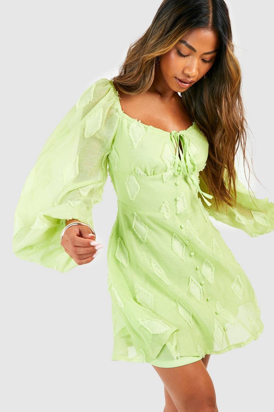 Lime green Puff Sleeve Textured Smock Dress