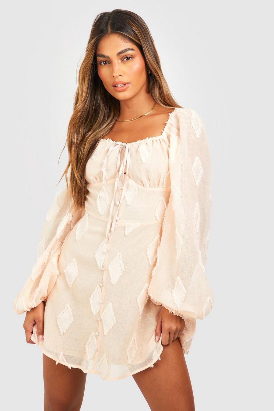 Stone Puff Sleeve Textured Smock Dress image number 1