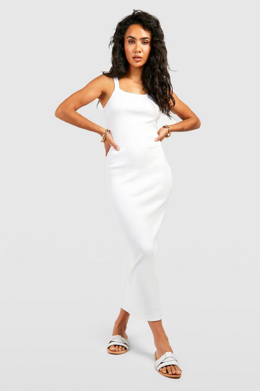 Vestito longuette Premium a coste con scollo quadrato e bordi spessi, White bianco