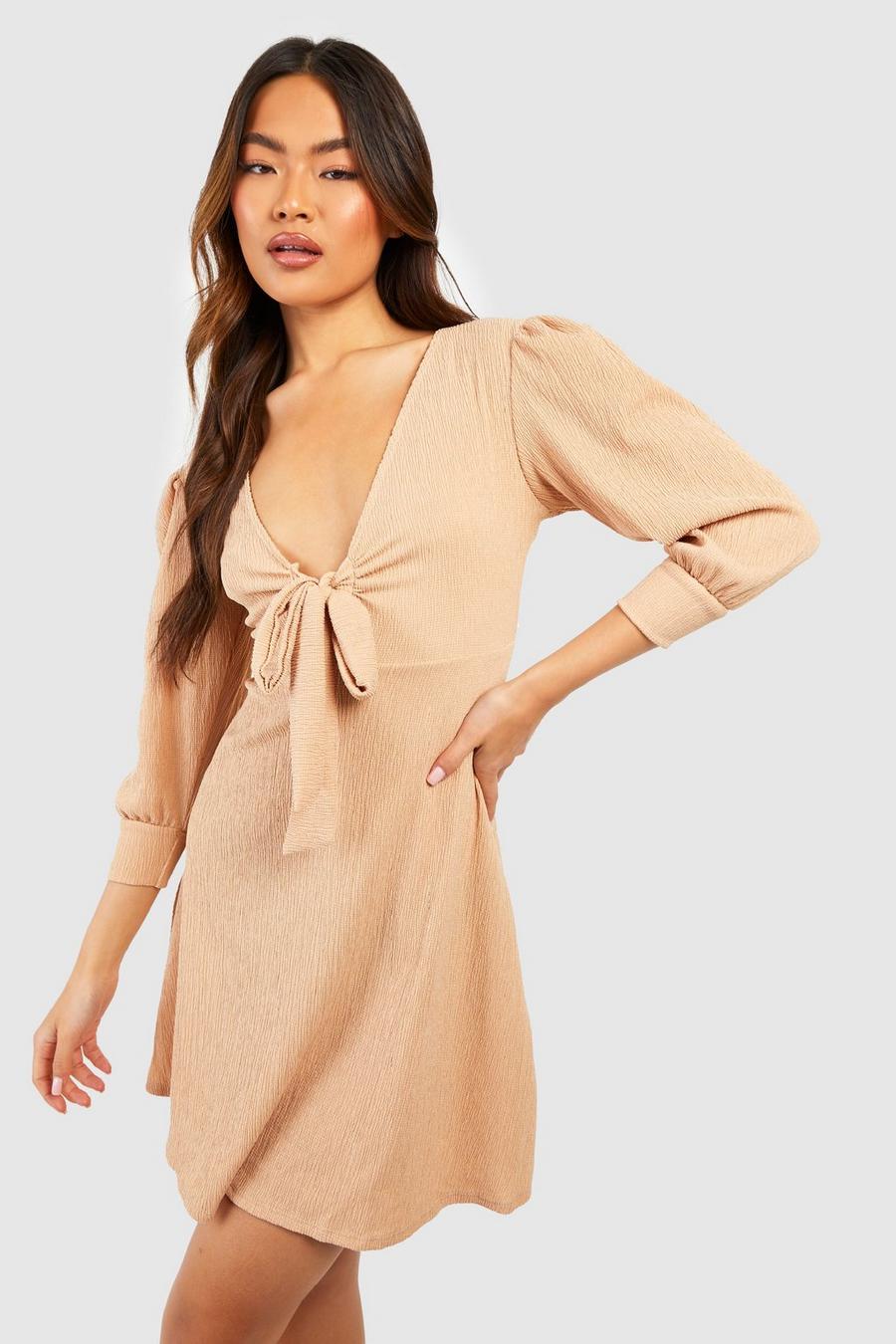 Stone Textured Tie Front Smock Dress image number 1